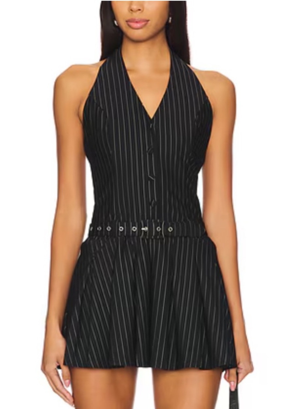 superdown Black Pinstripe Halter Mini Dress